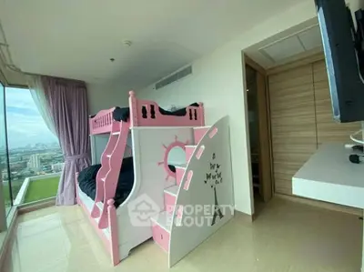 Charming bedroom with unique bunk bed and stunning city view