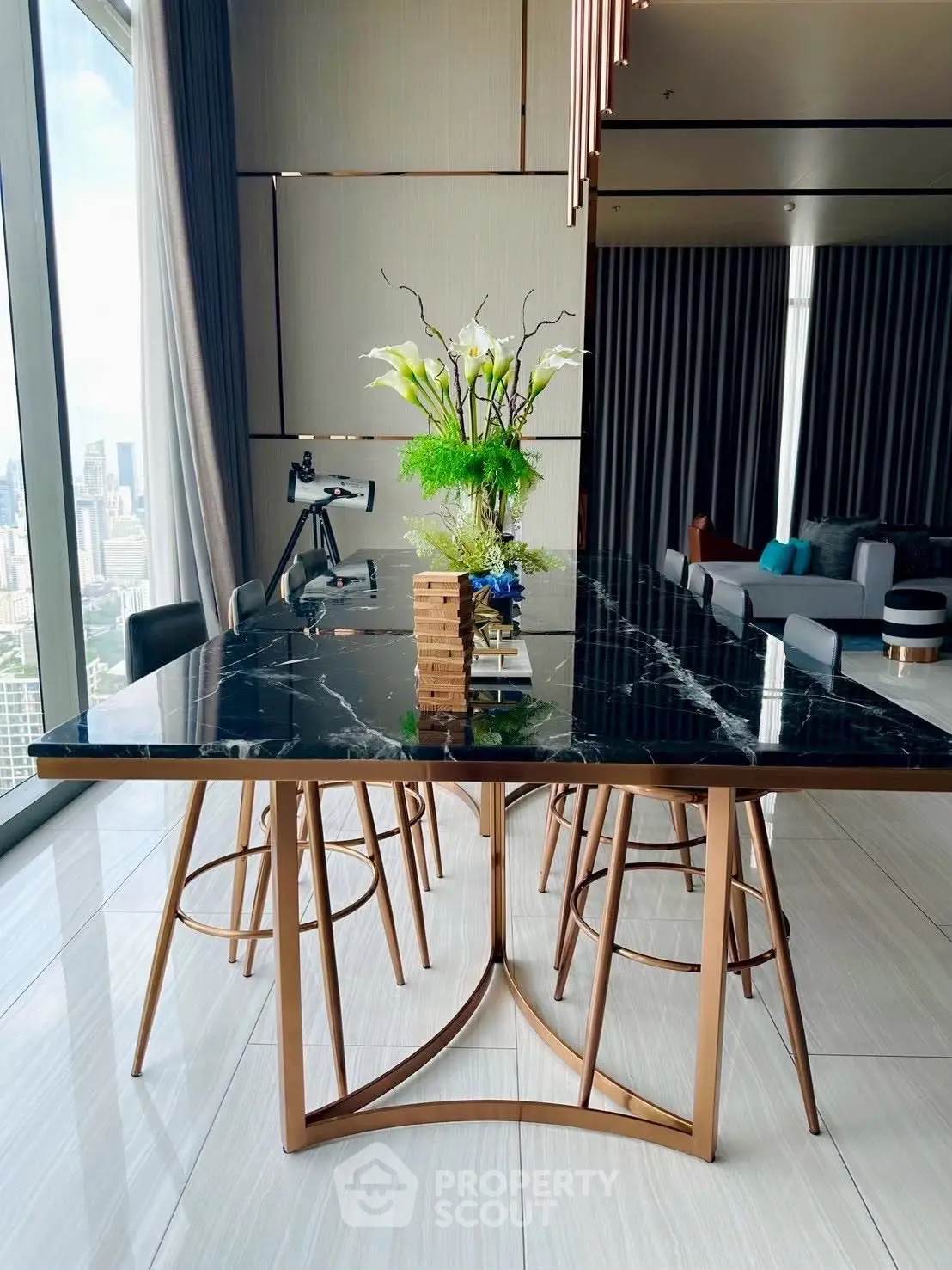 Luxurious modern living room with elegant marble table and stunning city view
