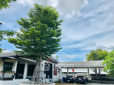 Charming suburban home with lush greenery and spacious carport under a clear blue sky.