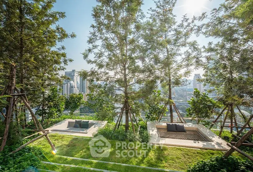 Luxurious rooftop garden with stunning city views and cozy seating areas.