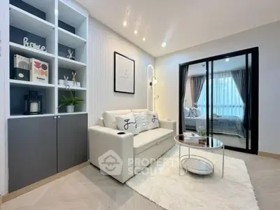 Modern living room with cozy white sofa and stylish decor