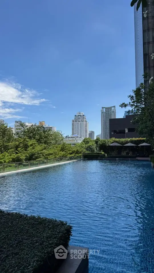 Luxurious rooftop pool with stunning city skyline view, perfect for relaxation and leisure in urban setting.