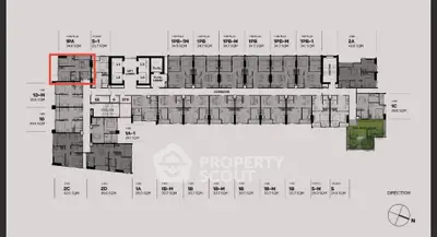 Detailed floor plan of a modern apartment complex with highlighted unit.