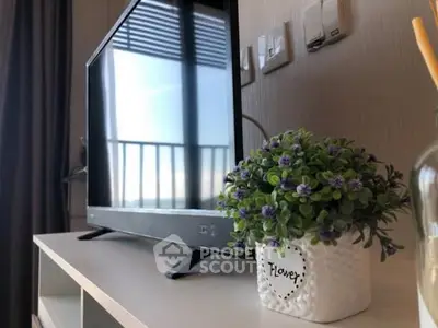 Modern living room with TV and decorative plant on white shelf, bright balcony view.