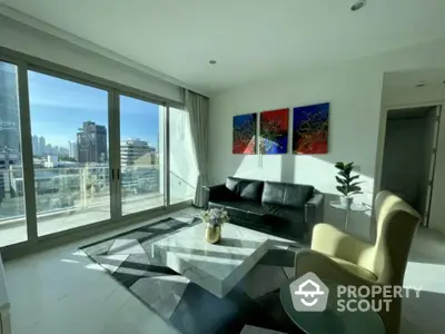 Modern living room with city view and stylish decor