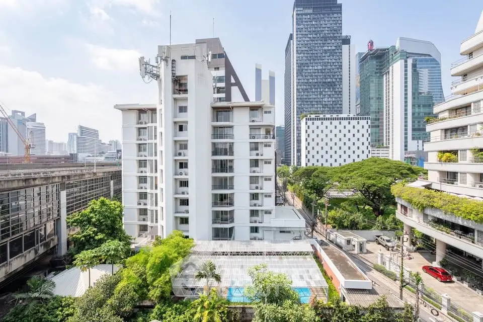 Stunning urban view of modern high-rise buildings with lush greenery and clear blue sky.