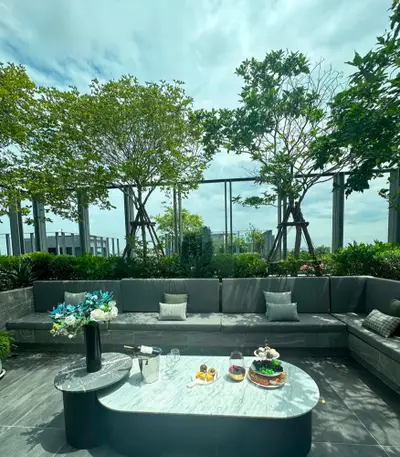 Luxurious rooftop terrace with elegant seating and lush greenery