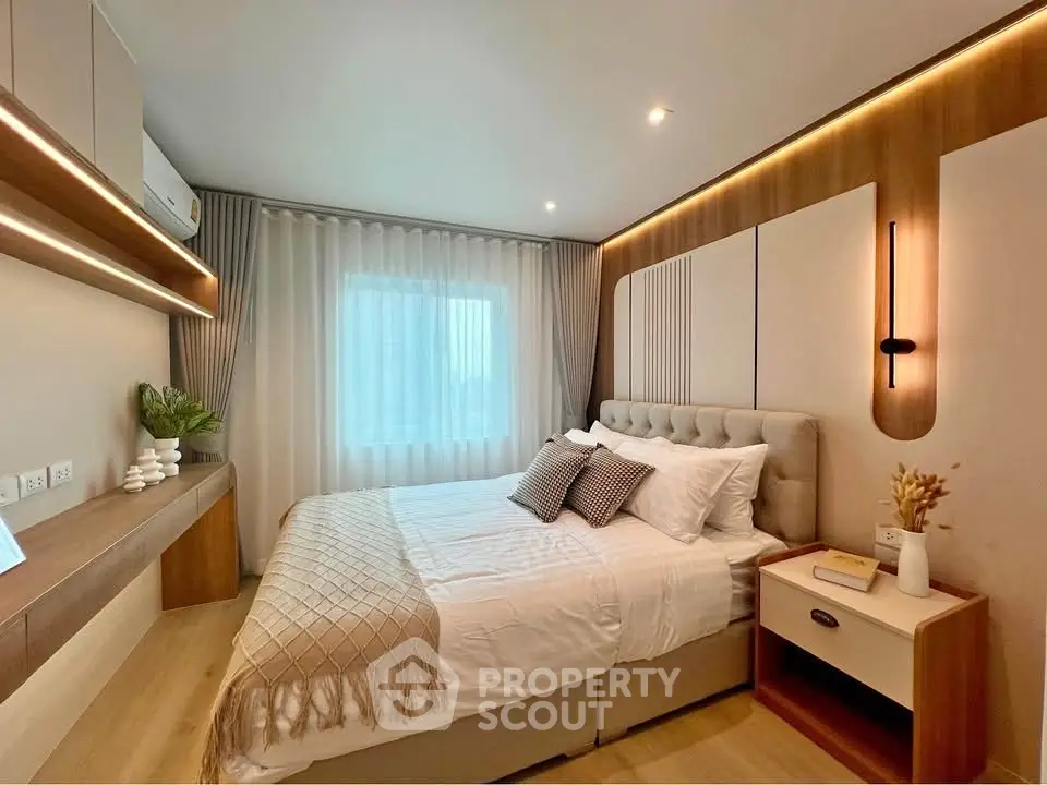 Luxurious modern bedroom with elegant decor and ambient lighting