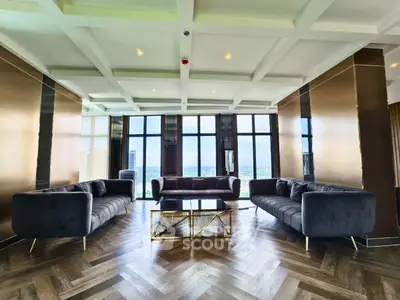 Luxurious living room with panoramic city views and elegant furnishings