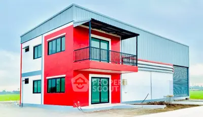 Modern industrial-style building with vibrant red accents and large windows, perfect for commercial use.