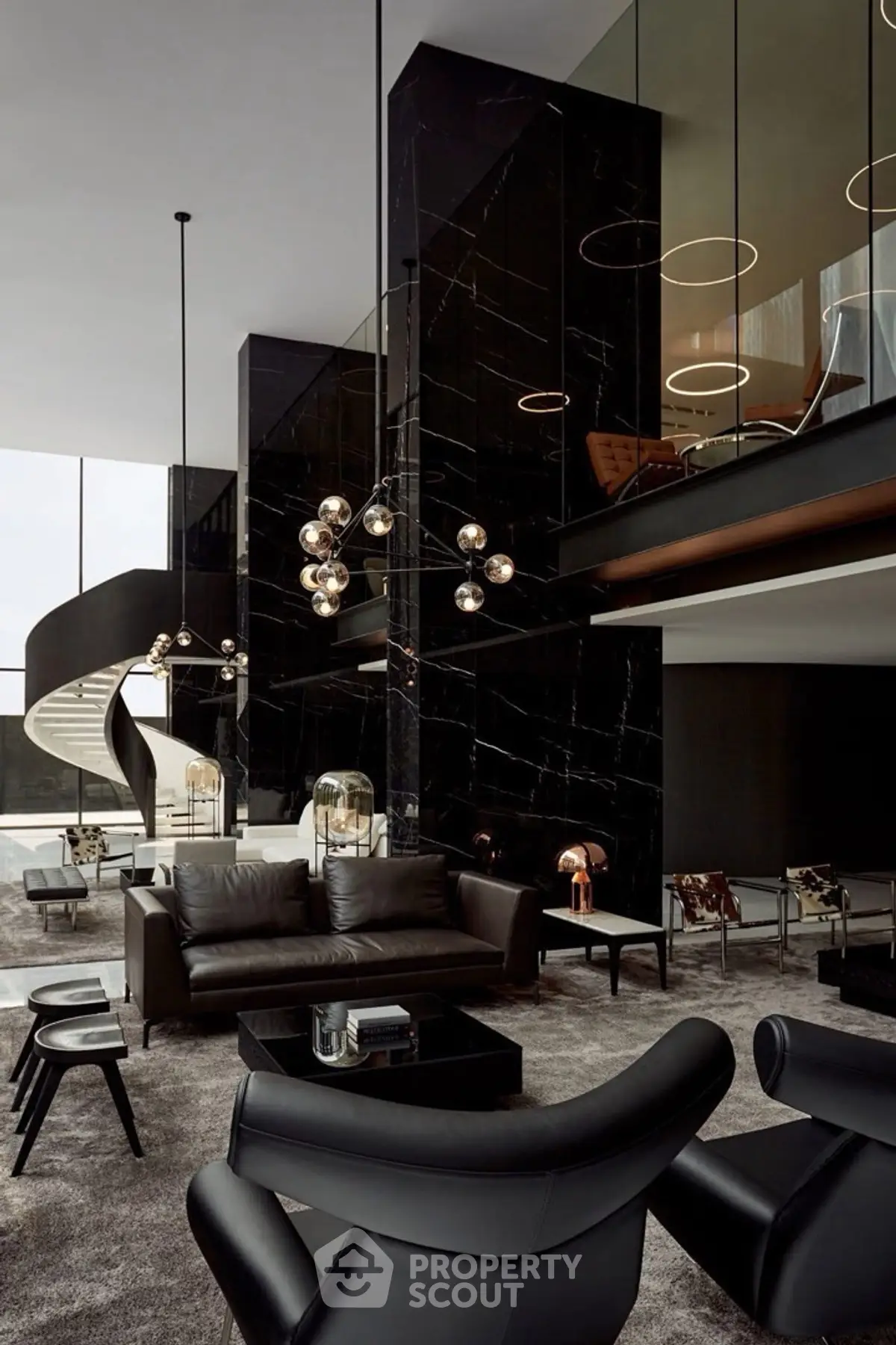 Luxurious modern living room with high ceilings and elegant black decor