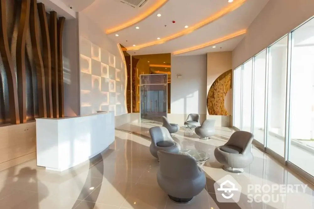 Luxurious modern lobby with elegant seating and ambient lighting