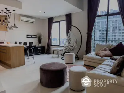 Luxurious modern living room with city view, elegant furniture, and stylish lighting in high-rise apartment.