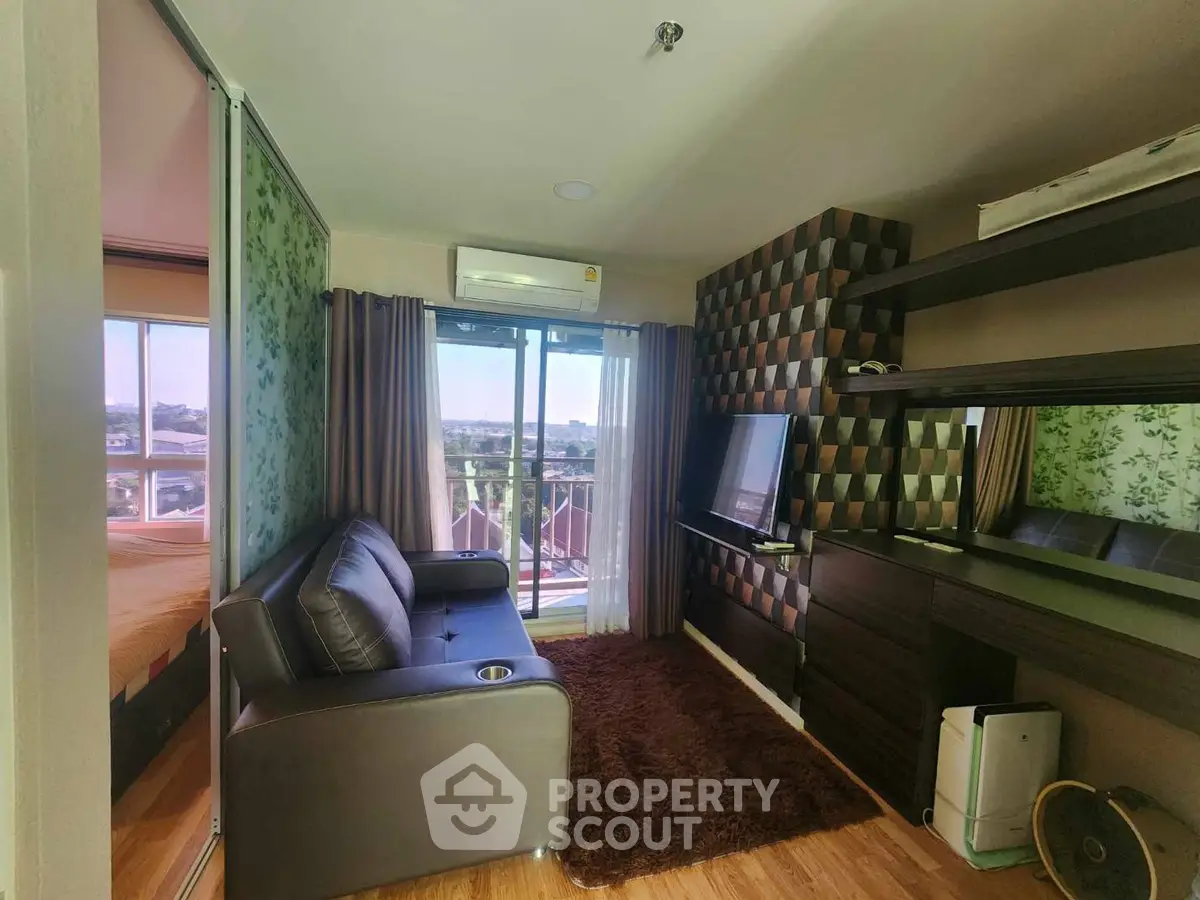 Modern living room with balcony view and stylish decor
