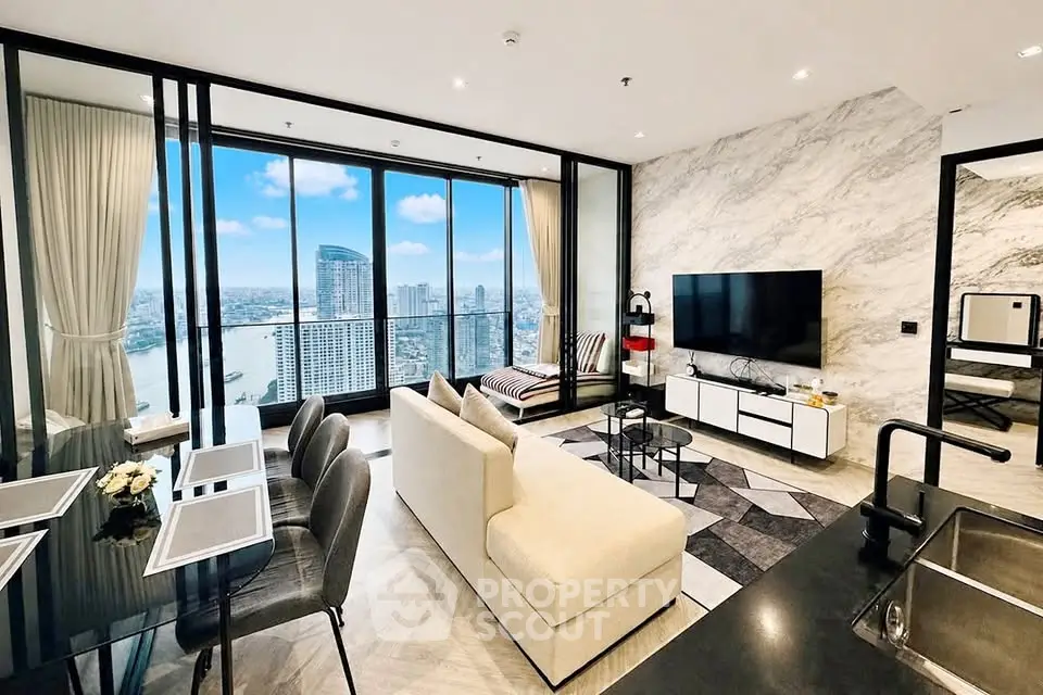 Luxurious modern living room with stunning city view and elegant decor