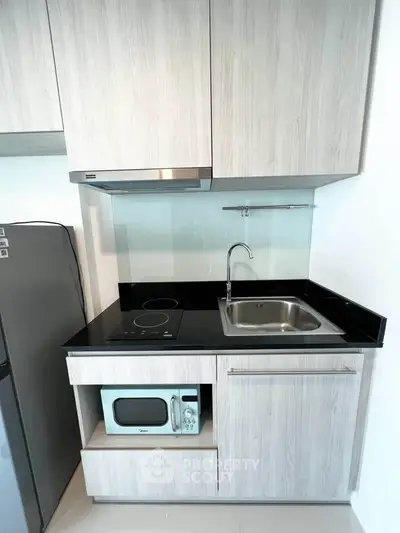 Modern compact kitchen with sleek cabinetry and built-in appliances