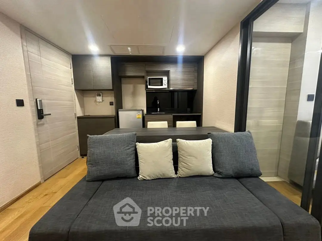 Modern open-layout living room with compact kitchen and stylish sofa in a cozy apartment.