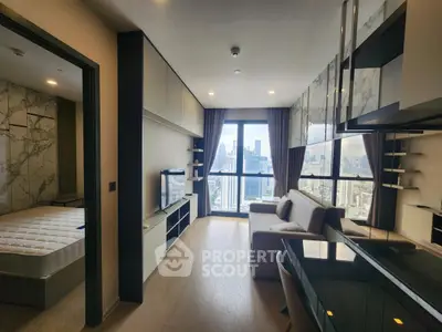 Modern high-rise apartment with stunning city view and elegant interior design