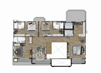 Spacious modern apartment floor plan with three bedrooms and open living area.
