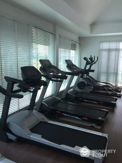 Spacious and well-equipped home gym with multiple treadmills and an elliptical machine, featuring large windows with natural light.