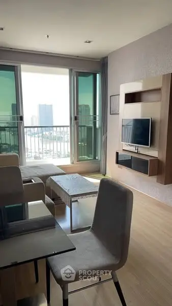 Modern living room with city view and stylish furniture