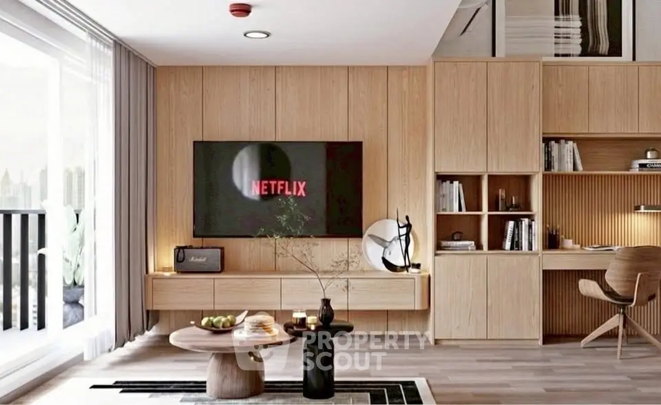 Modern living room with wooden decor, large TV, and balcony view, perfect for relaxation and entertainment.