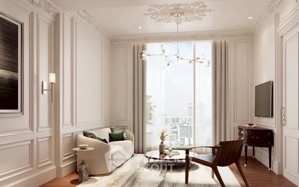 Elegant living room with city view, featuring modern chandelier and stylish furniture.
