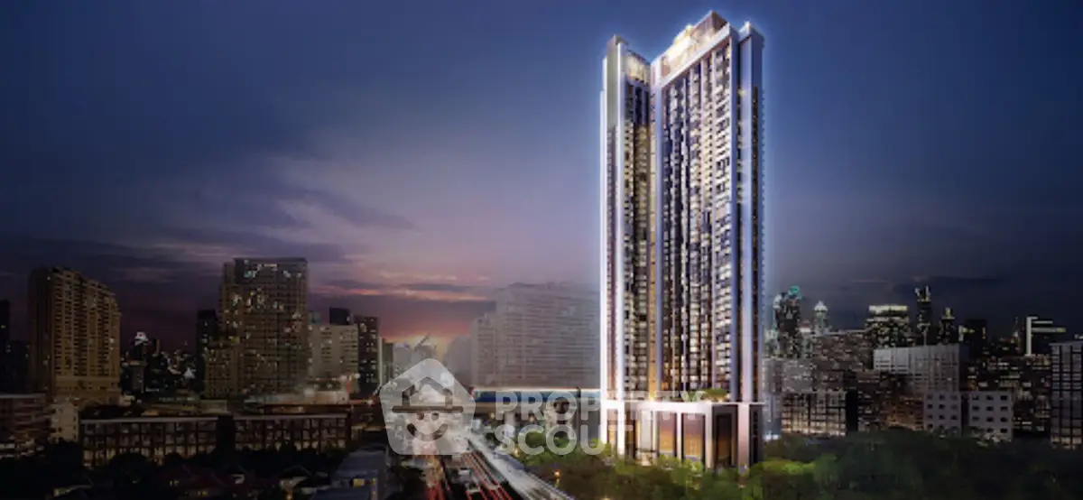 Stunning high-rise building with cityscape view at dusk, showcasing modern architecture and urban living.