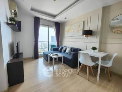 Modern living room with stylish decor and city view balcony