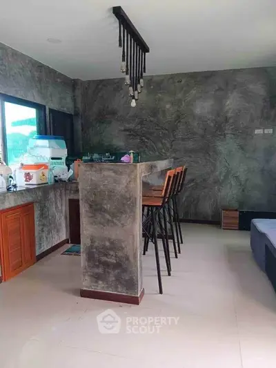 Modern kitchen with concrete bar and stylish lighting