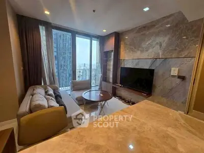 Luxurious modern living room with stunning city view and elegant marble accents.