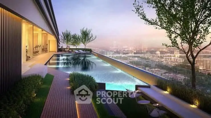 Luxurious rooftop infinity pool with stunning city skyline view at sunset.