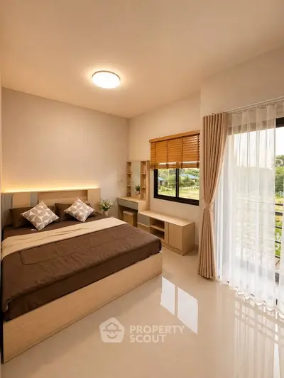 Modern bedroom with large window and stylish decor