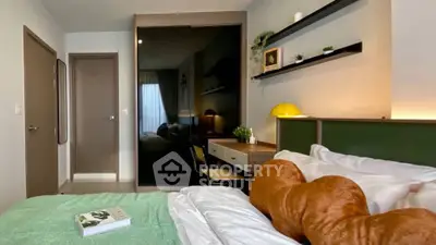 Cozy bedroom with modern decor and stylish shelving