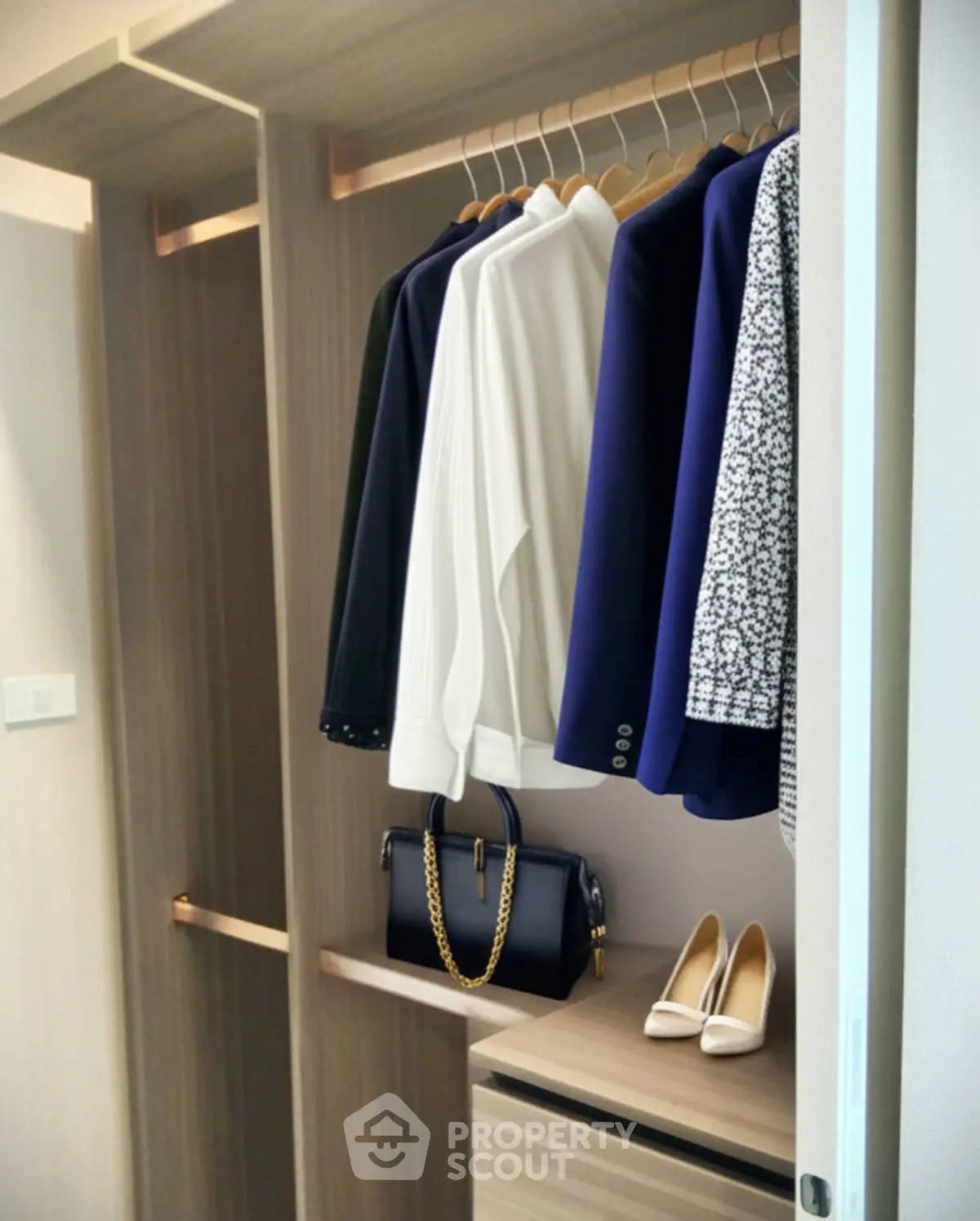 Spacious walk-in closet with elegant clothing and accessories displayed.