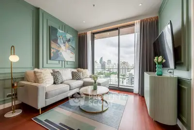 Luxurious living room with city view, modern decor, and elegant furnishings.
