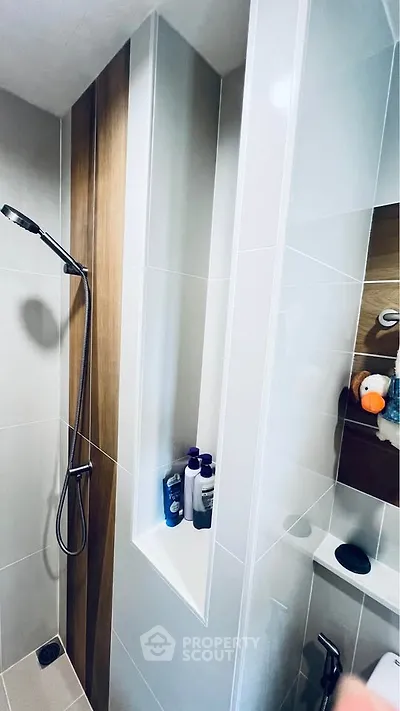Modern bathroom with sleek shower design and built-in shelving
