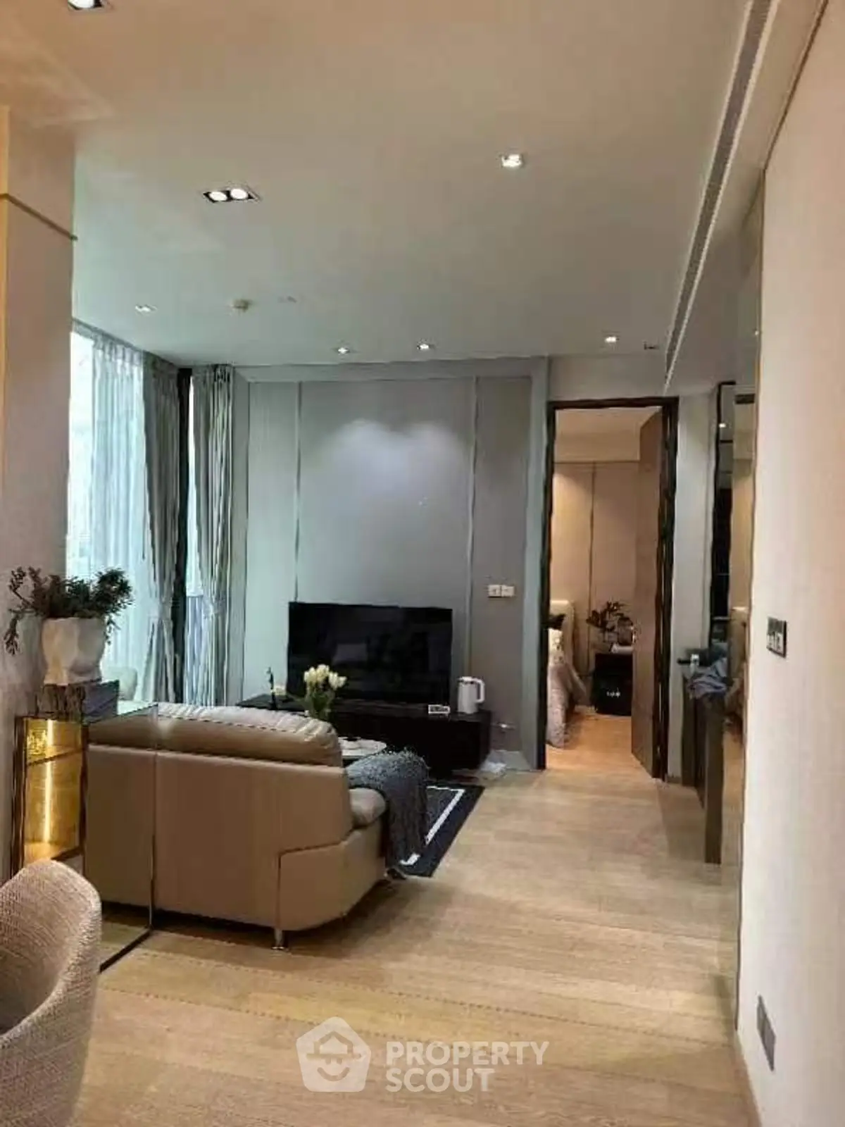 Modern living room with sleek design and cozy ambiance