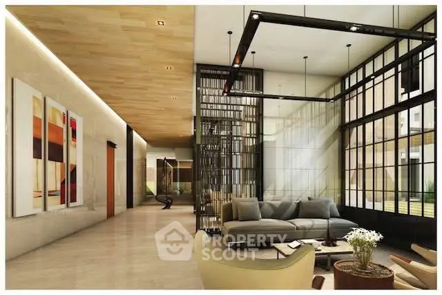 Luxurious modern living room with floor-to-ceiling windows and elegant decor.