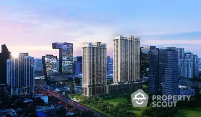 Stunning cityscape view featuring modern high-rise buildings and lush green surroundings.