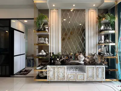 Luxurious living room with elegant decor and modern shelving