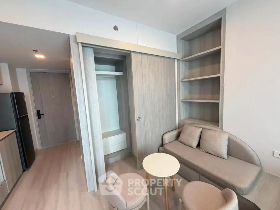 Modern apartment interior with cozy living area and built-in storage