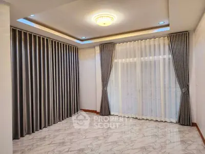 Elegant empty room with marble floor and luxurious curtains, perfect for customization.