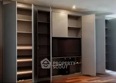 Modern living room with sleek built-in storage and entertainment center.