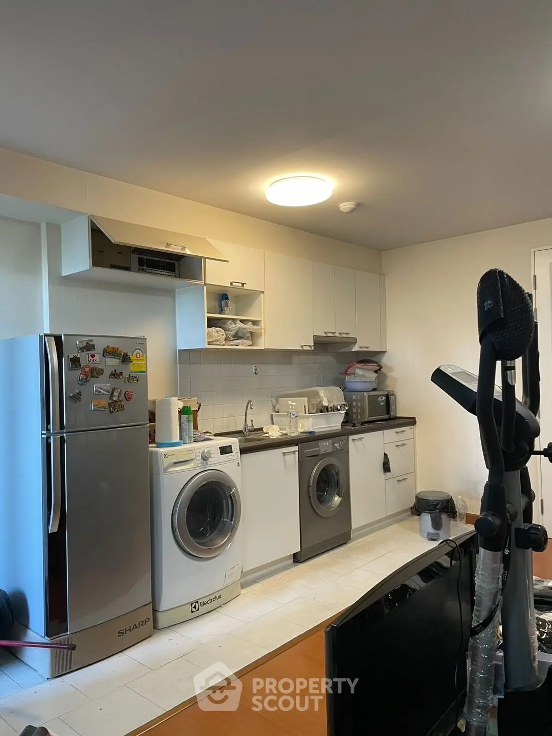 Modern kitchen with appliances including fridge, washing machine, and dishwasher in a cozy apartment.