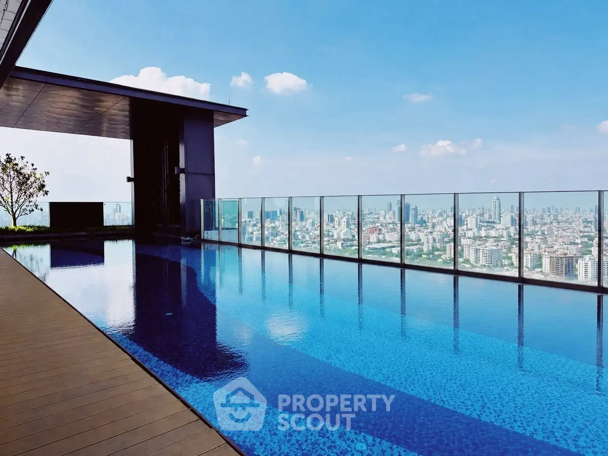 Luxurious rooftop pool with stunning city skyline view, perfect for relaxation and leisure.