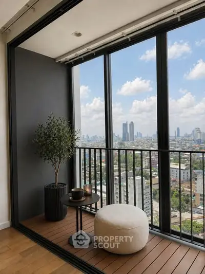 Modern balcony with stunning city skyline view, featuring cozy seating and elegant decor.