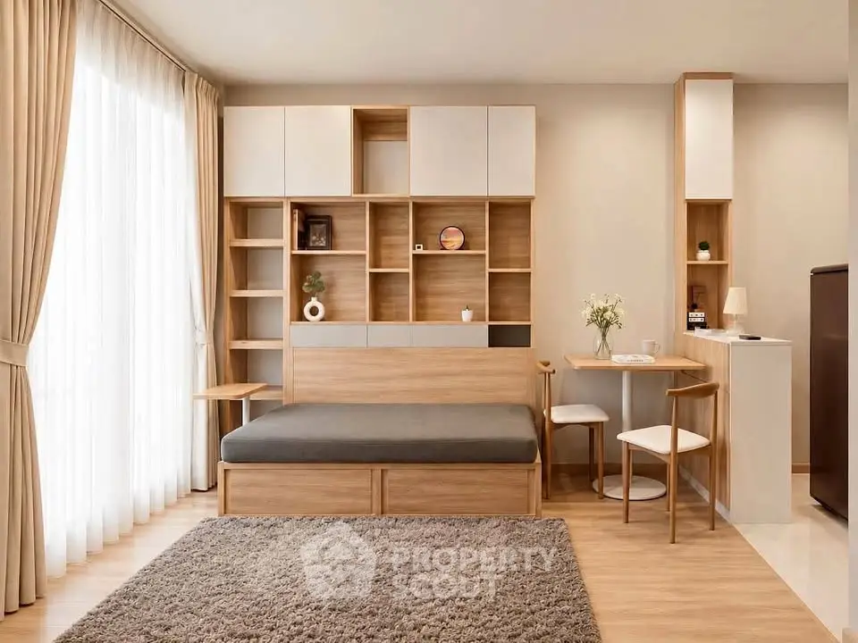 Modern studio apartment with stylish wooden furniture and cozy decor