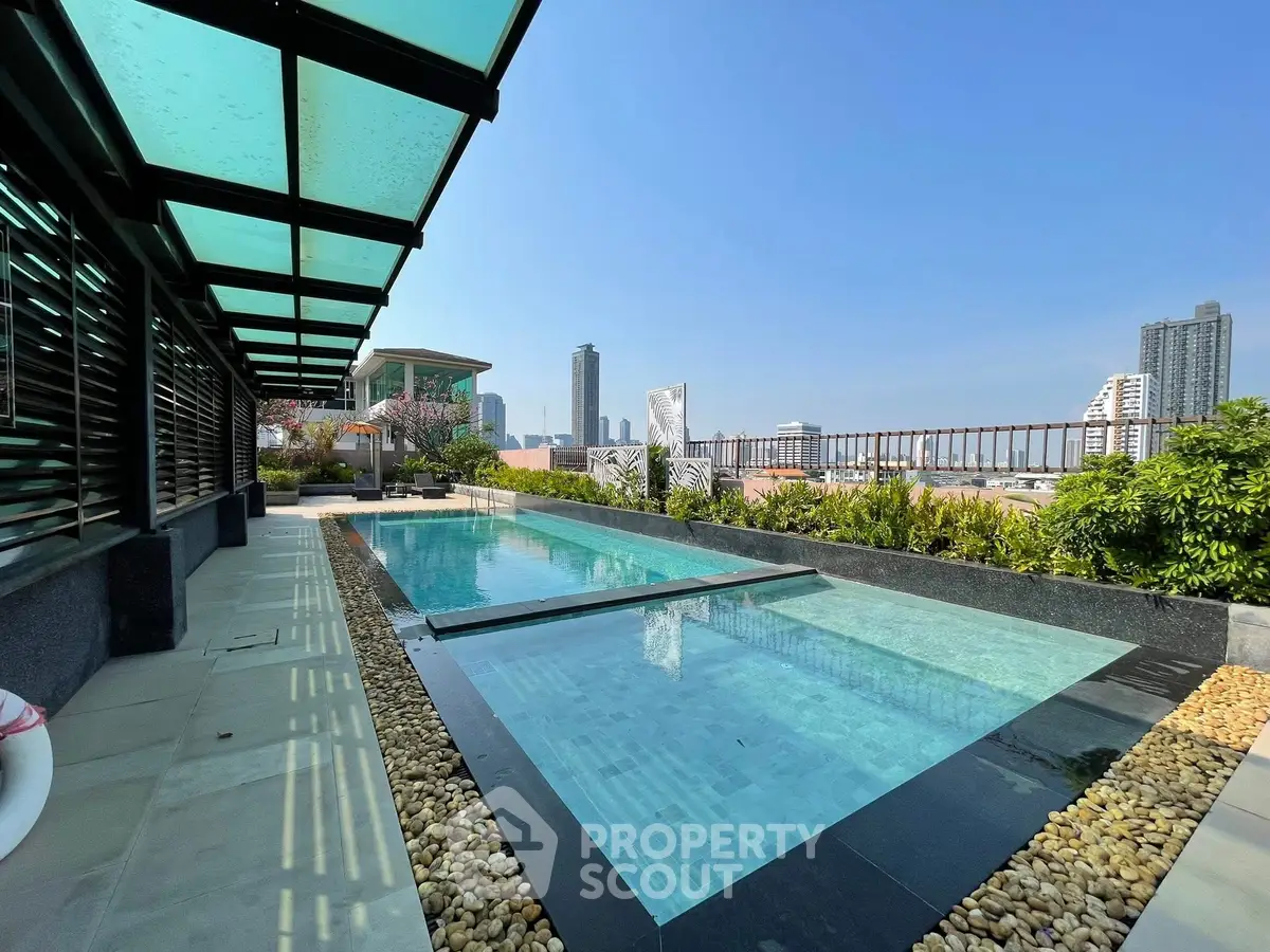 Luxurious rooftop pool with stunning city skyline views and modern design.