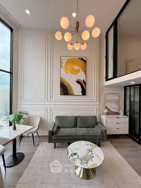 Luxurious modern living room with high ceilings and elegant decor